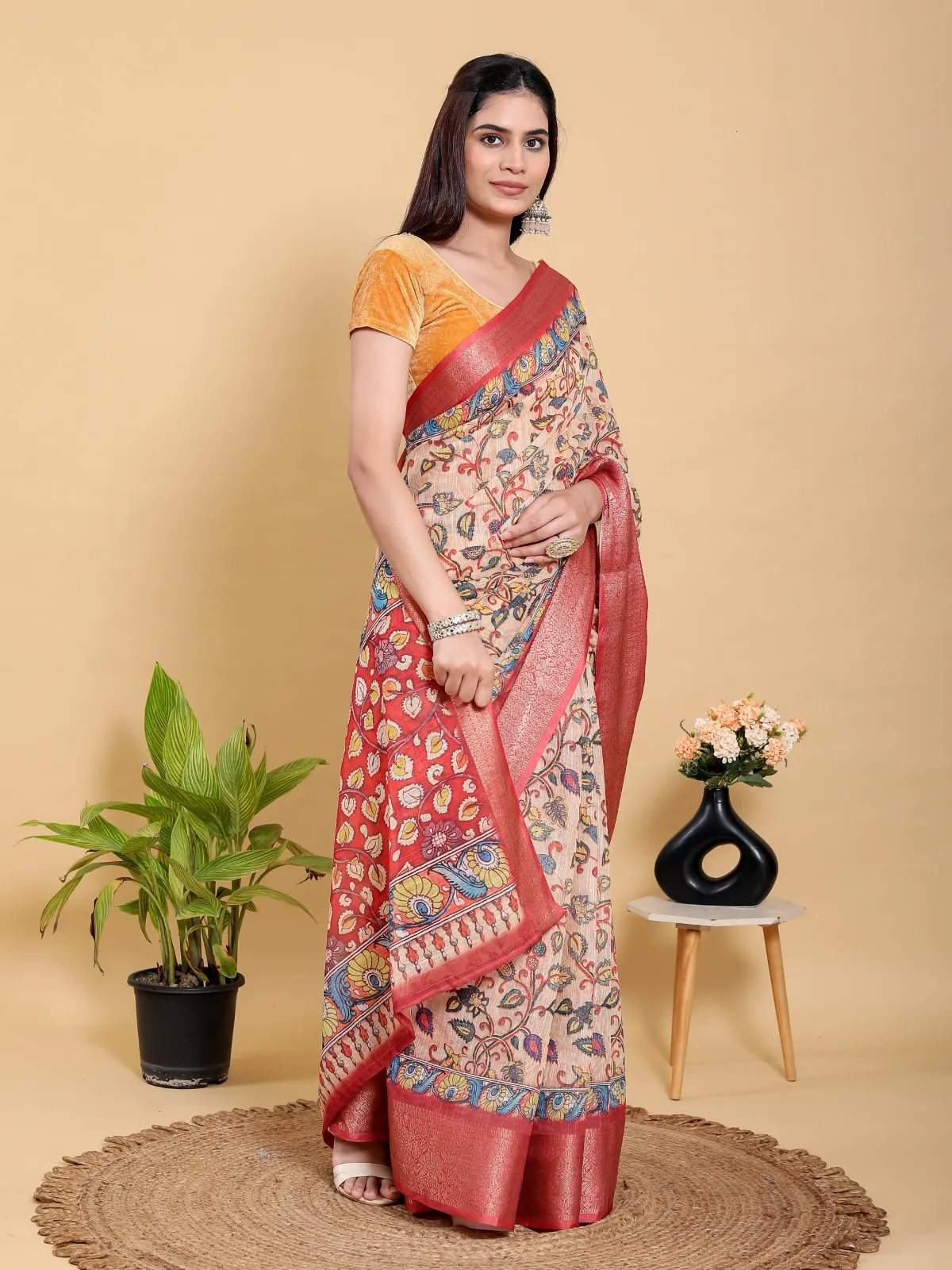 Kalamkari print Linen Cotton saree - Image 3 in Kolkata